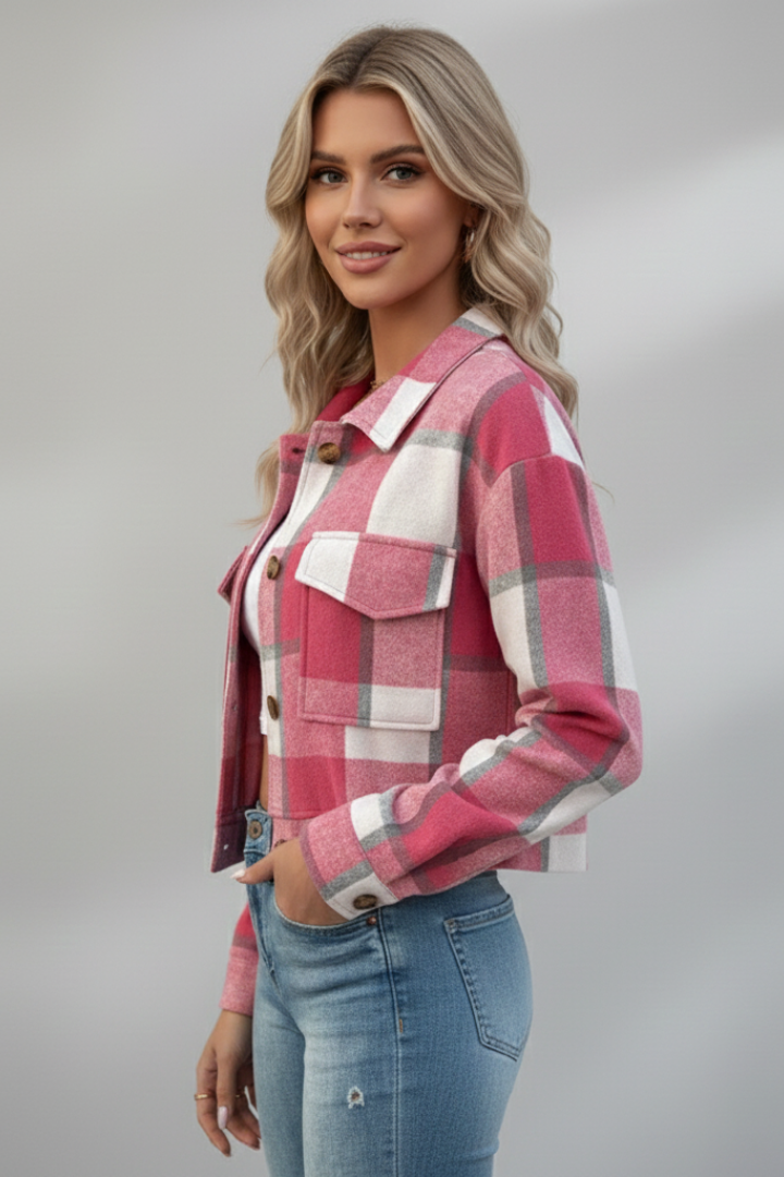 Women’s Plaid Jacket with Buttons and Chest Pockets
