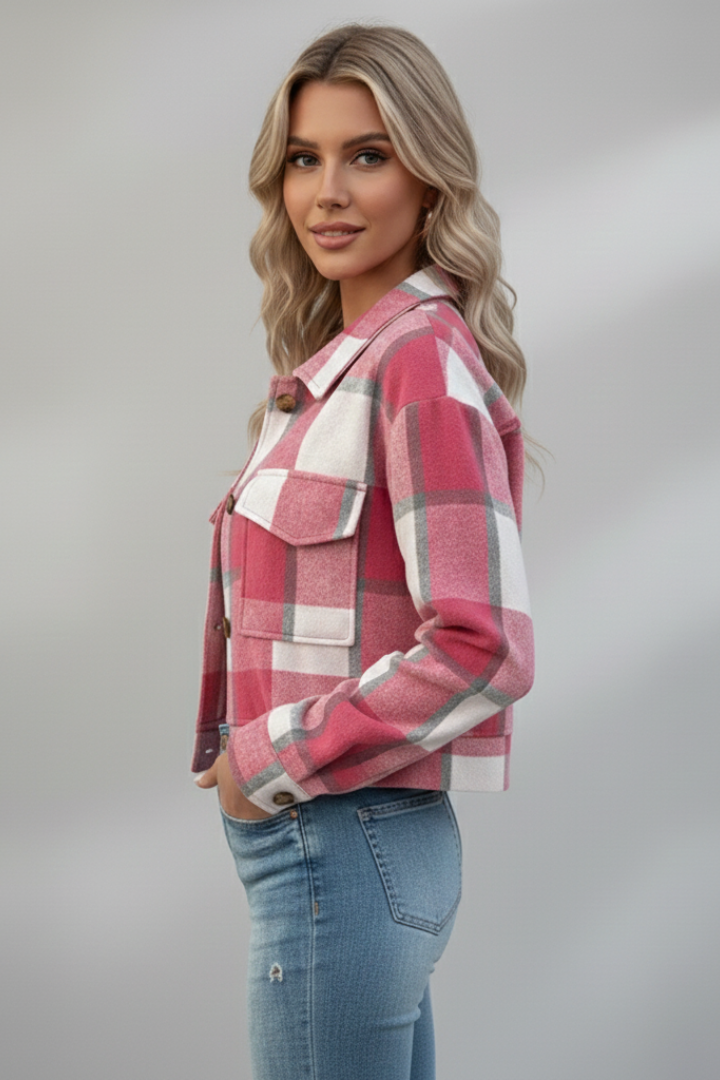 Women’s Plaid Jacket with Buttons and Chest Pockets