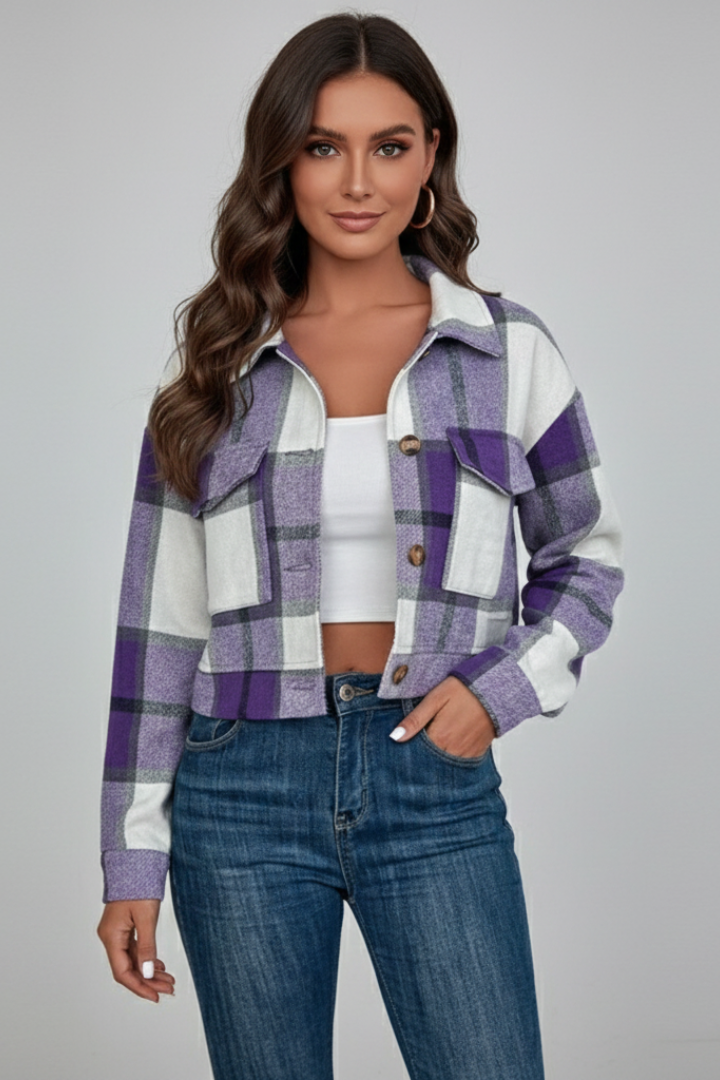 Women’s Plaid Jacket with Buttons and Chest Pockets