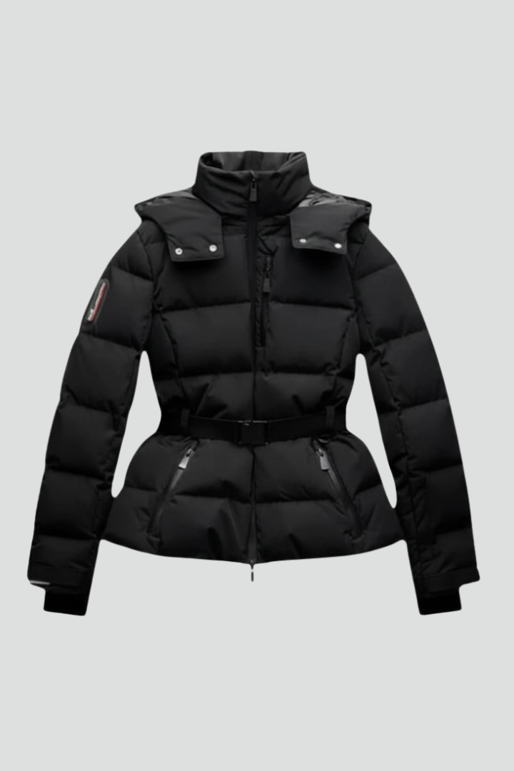 Women’s Puffer Jacket with Belted Waist and Stand-Up Collar