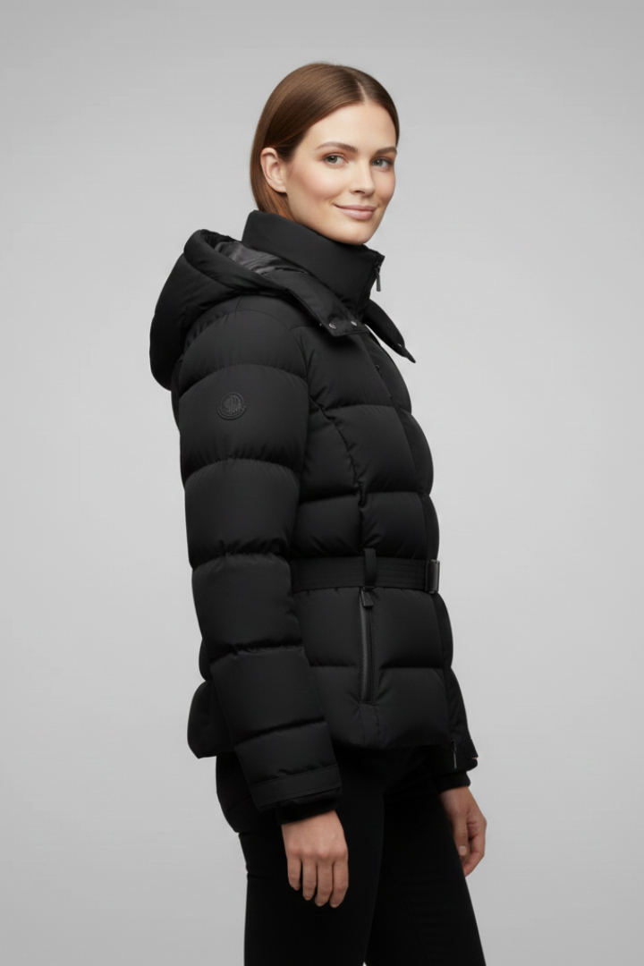 Women’s Puffer Jacket with Belted Waist and Stand-Up Collar