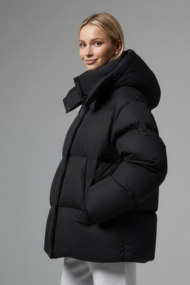 Women’s Puffer Jacket with High Collar and Quilted Surface