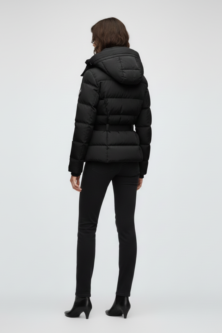 Women’s Puffer Jacket with Stand-Up Collar and Adjustable Belt