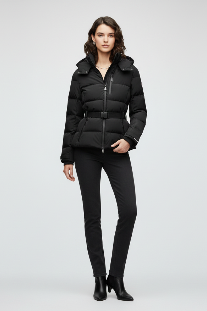 Women’s Puffer Jacket with Stand-Up Collar and Adjustable Belt