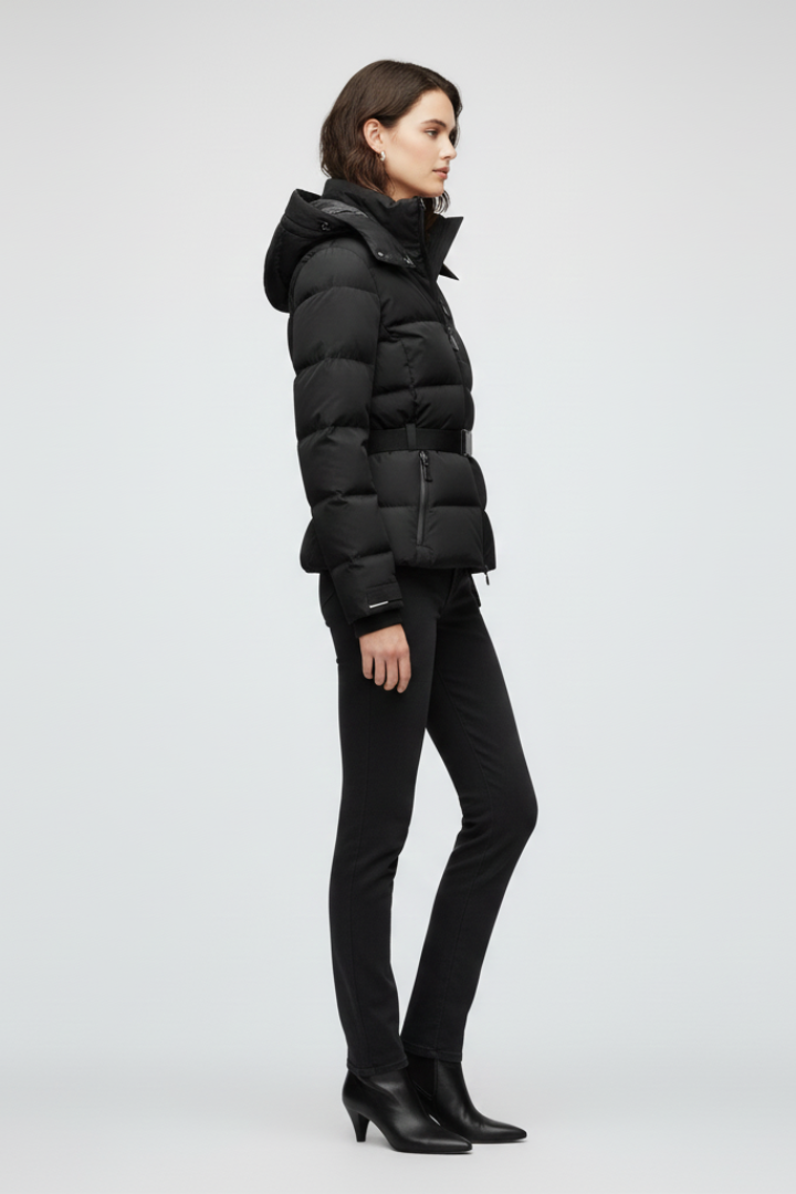 Women’s Puffer Jacket with Stand-Up Collar and Adjustable Belt