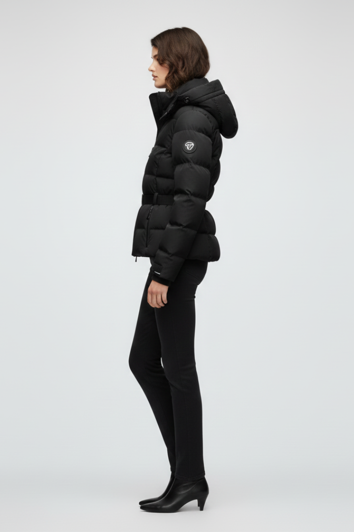 Women’s Puffer Jacket with Stand-Up Collar and Adjustable Belt