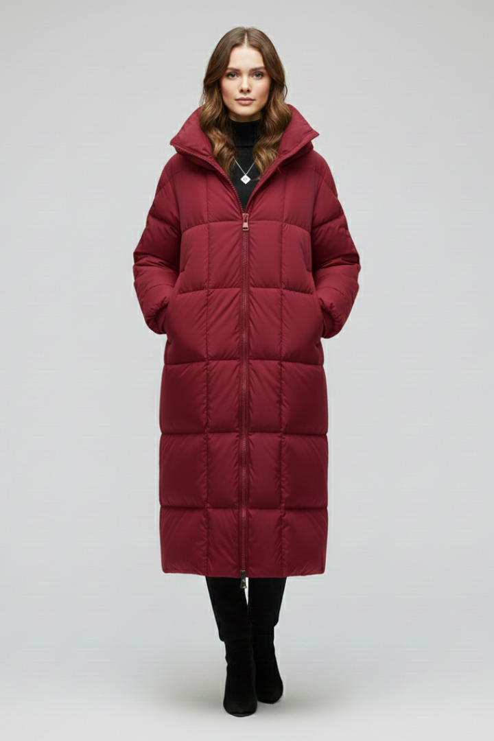Women’s Quilted Winter Coat with High Collar and Full-Length Zipper