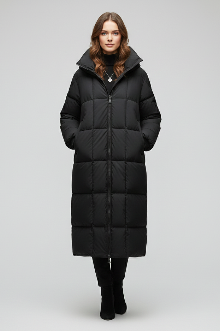 Women’s Quilted Winter Coat with High Collar and Full-Length Zipper