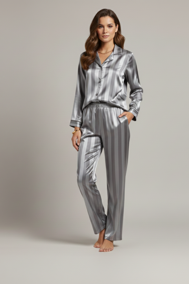 Women’s Satin Pajama Set with Button-Down Shirt and Straight-Leg Pants