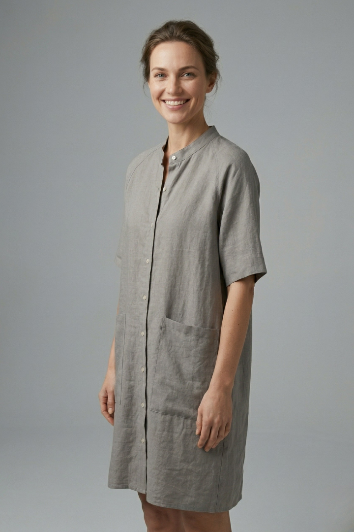 Women’s Shirt Dress with Button Fastening and Short Sleeves