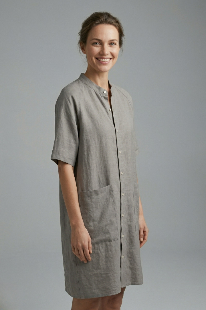 Women’s Shirt Dress with Button Fastening and Short Sleeves