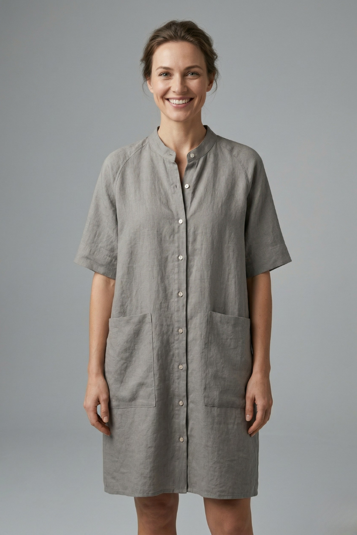 Women’s Shirt Dress with Button Fastening and Short Sleeves