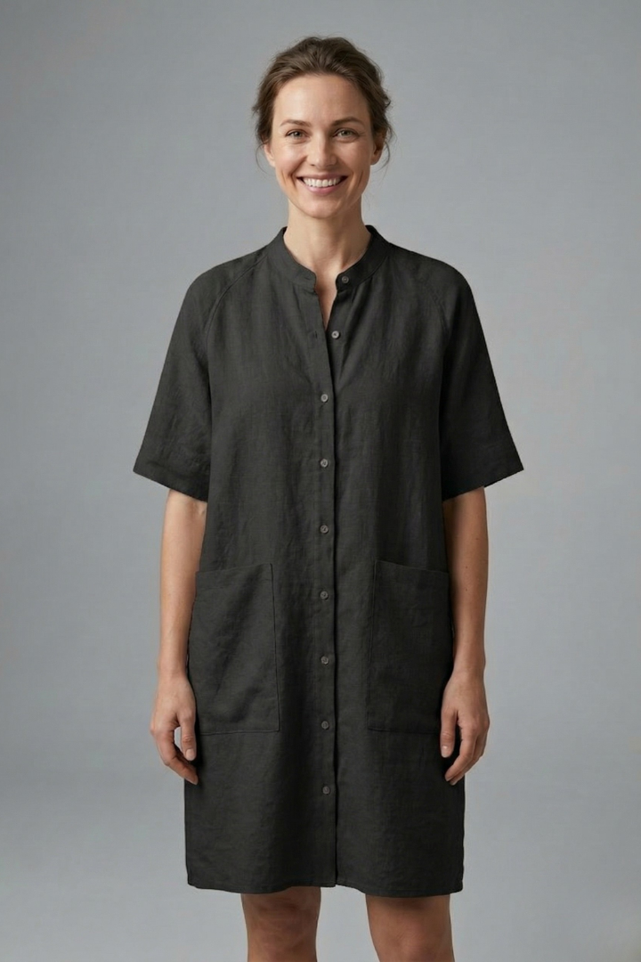 Women’s Shirt Dress with Button Fastening and Short Sleeves