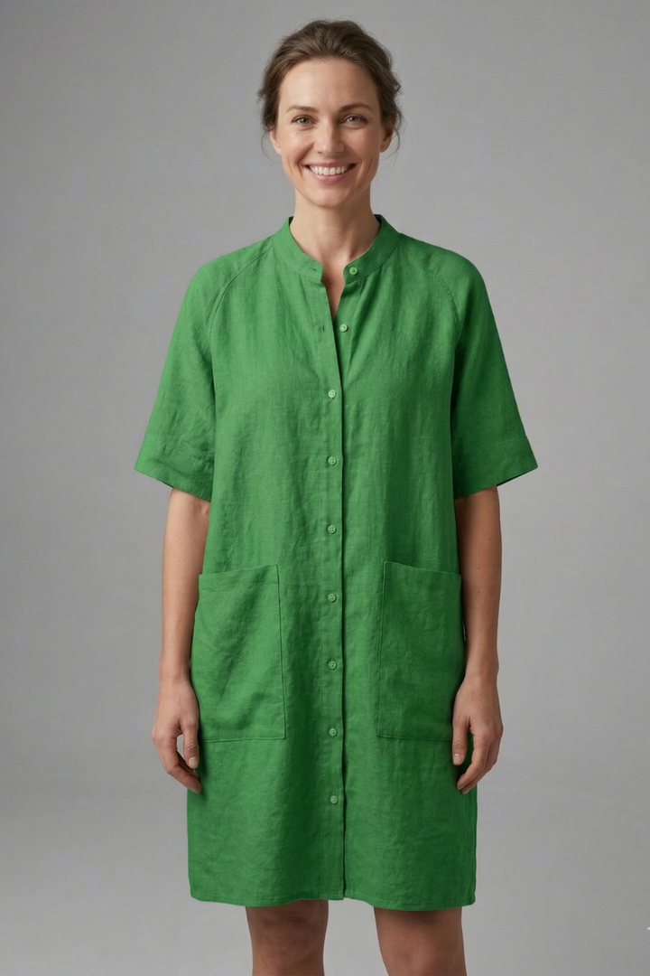 Women’s Shirt Dress with Button Fastening and Short Sleeves