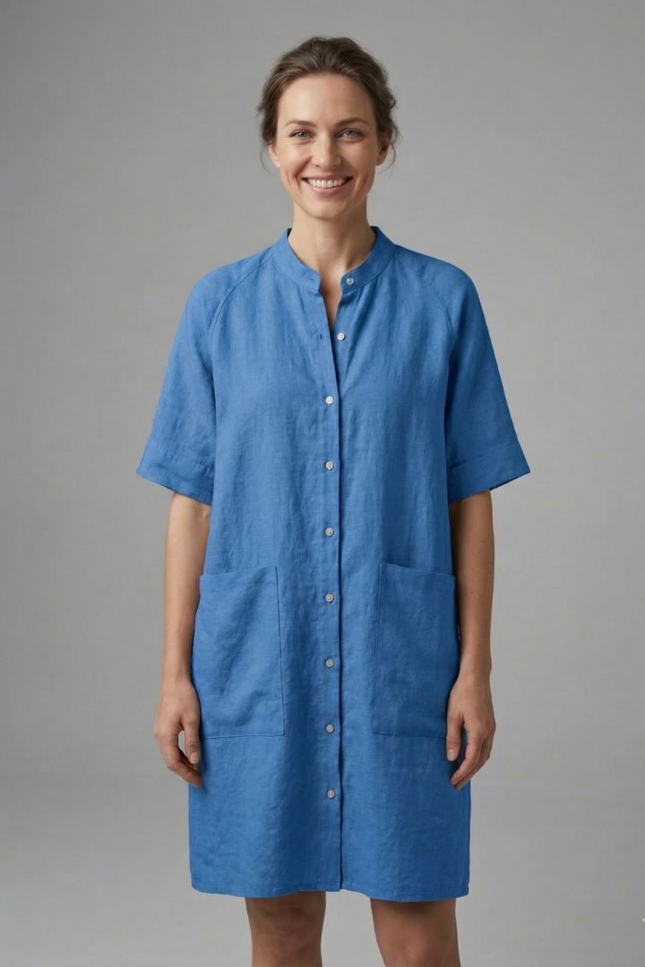 Women’s Shirt Dress with Button Fastening and Short Sleeves
