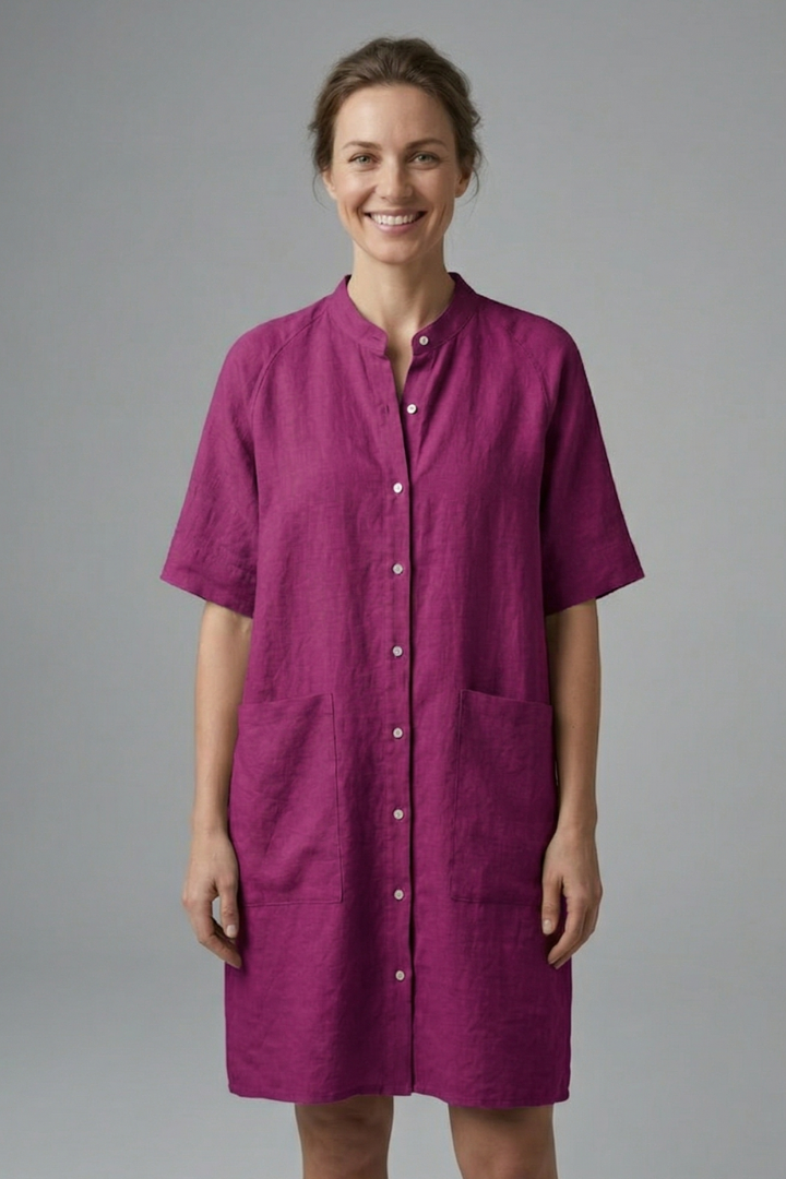 Women’s Shirt Dress with Button Fastening and Short Sleeves