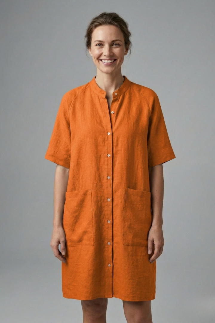 Women’s Shirt Dress with Button Fastening and Short Sleeves