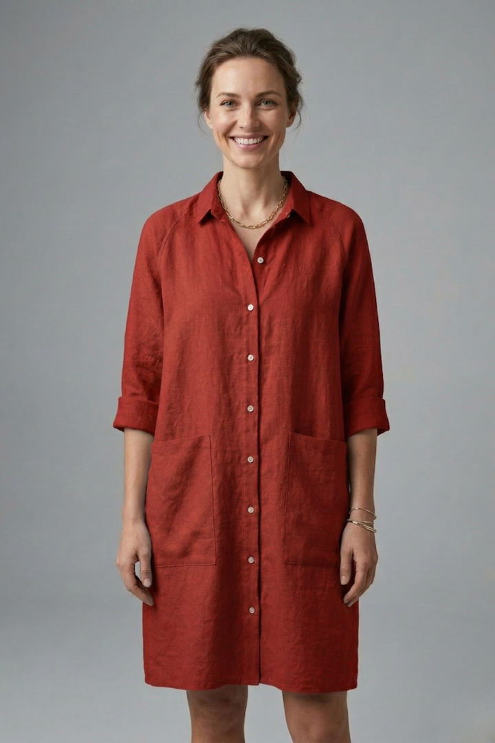 Women’s Shirt Dress with Button Fastening and Short Sleeves