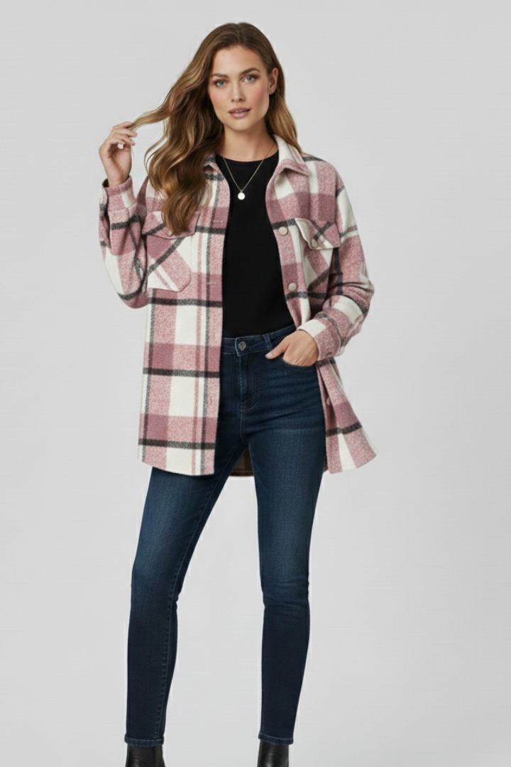 Women’s Shirt Jacket with Check Surface and Button Closure
