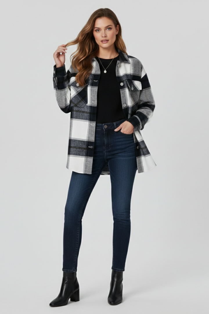 Women’s Shirt Jacket with Check Surface and Button Closure