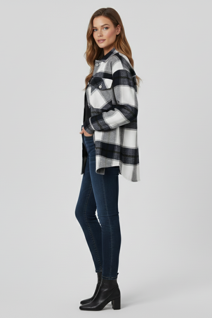 Women’s Shirt Jacket with Check Surface and Button Closure