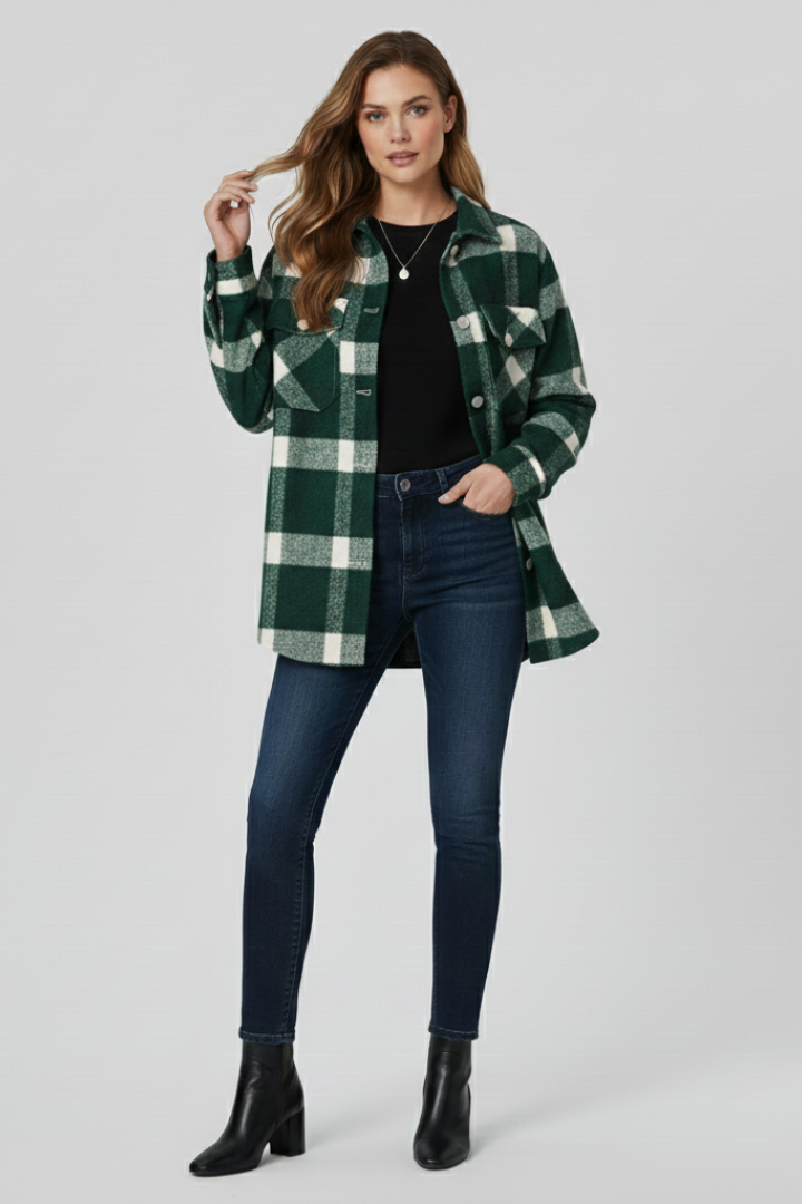 Women’s Shirt Jacket with Check Surface and Button Closure