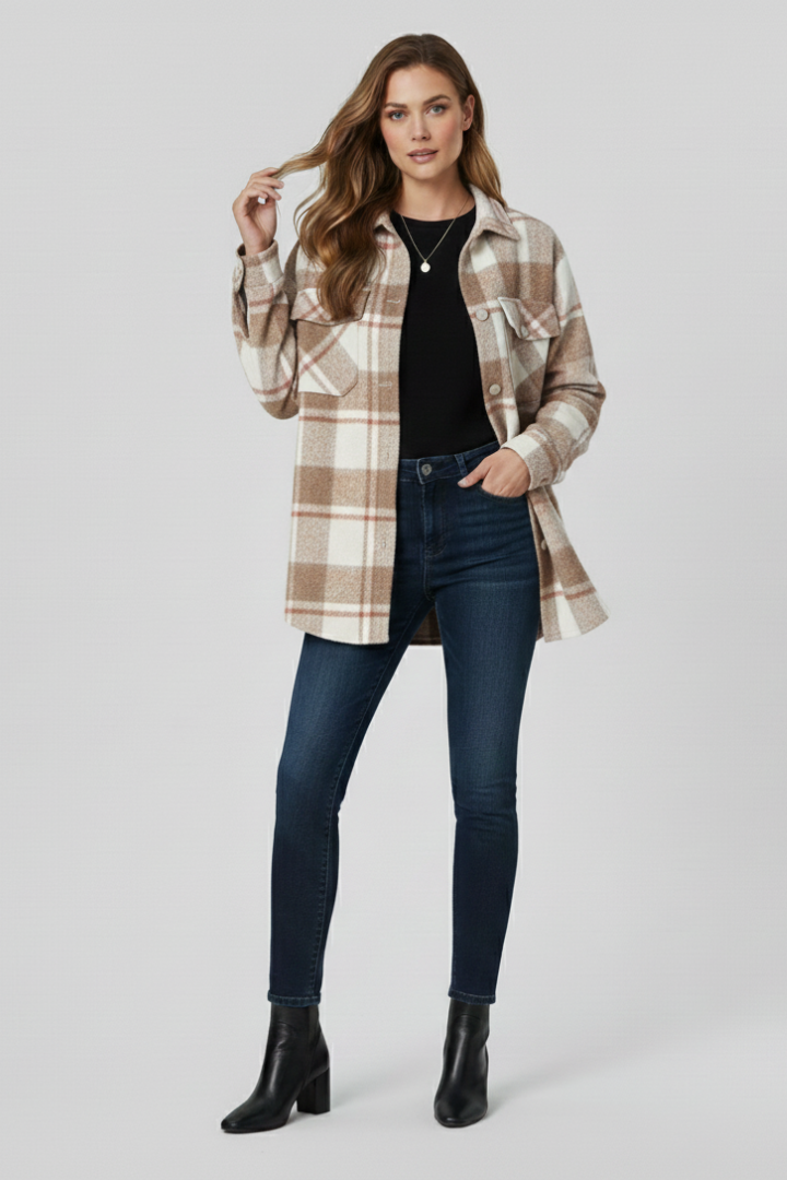 Women’s Shirt Jacket with Check Surface and Button Closure
