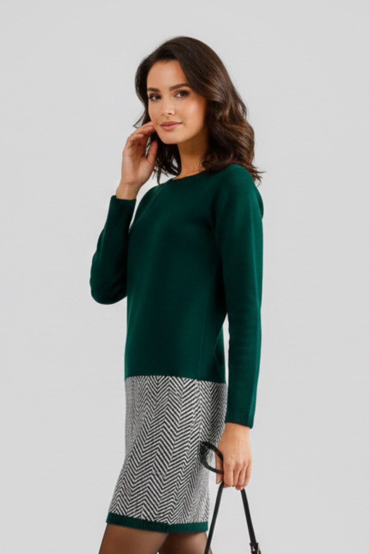 Women’s Short Dress with Round Neckline and Patterned Hem