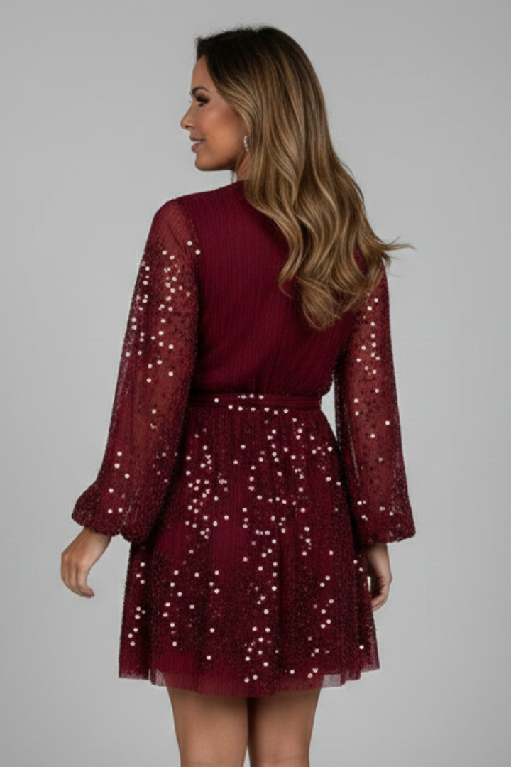 Women’s Short Dress with V-Neck and Waist Tie