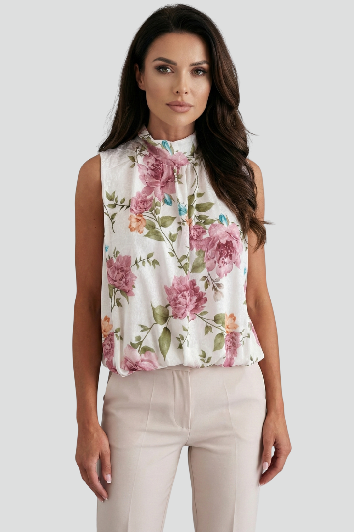 Women’s Sleeveless Blouse with High Neck and Floral Surface