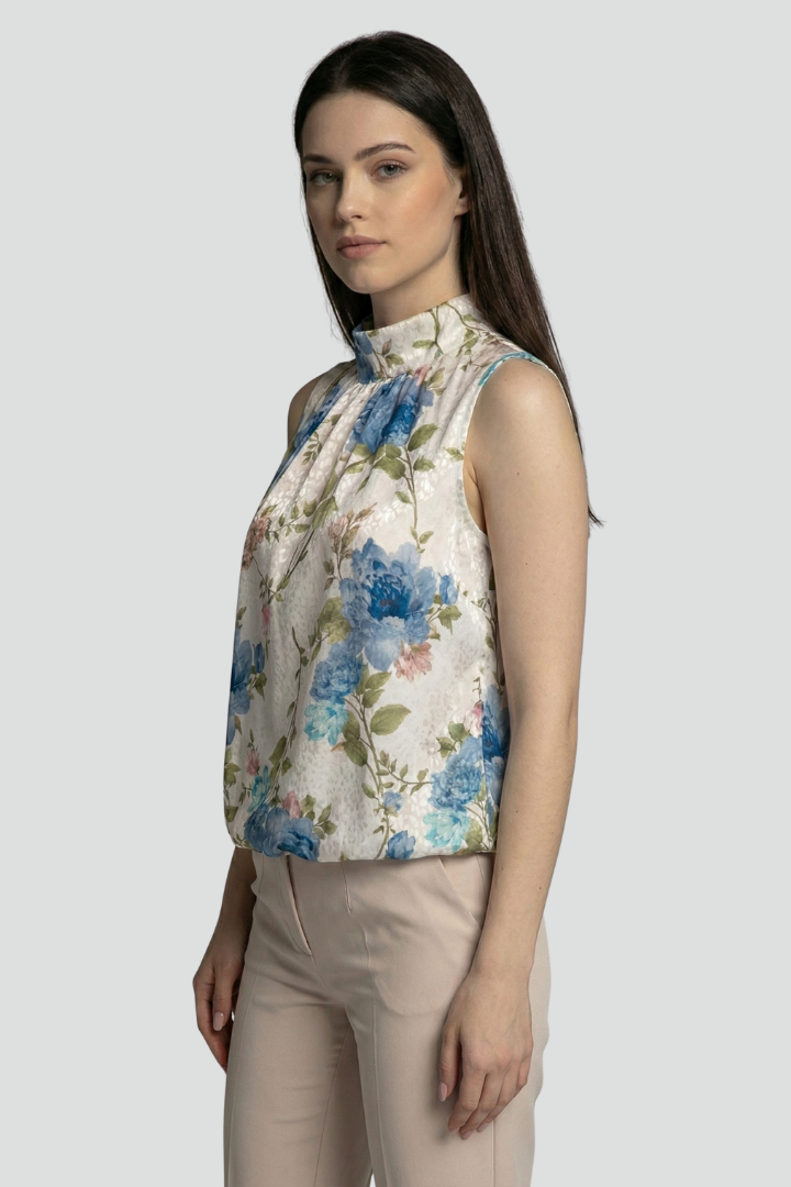 Women’s Sleeveless Blouse with High Neck and Floral Surface