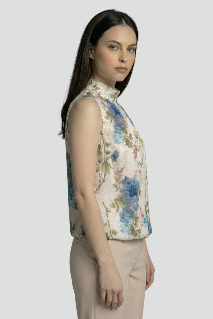 Women’s Sleeveless Blouse with High Neck and Floral Surface
