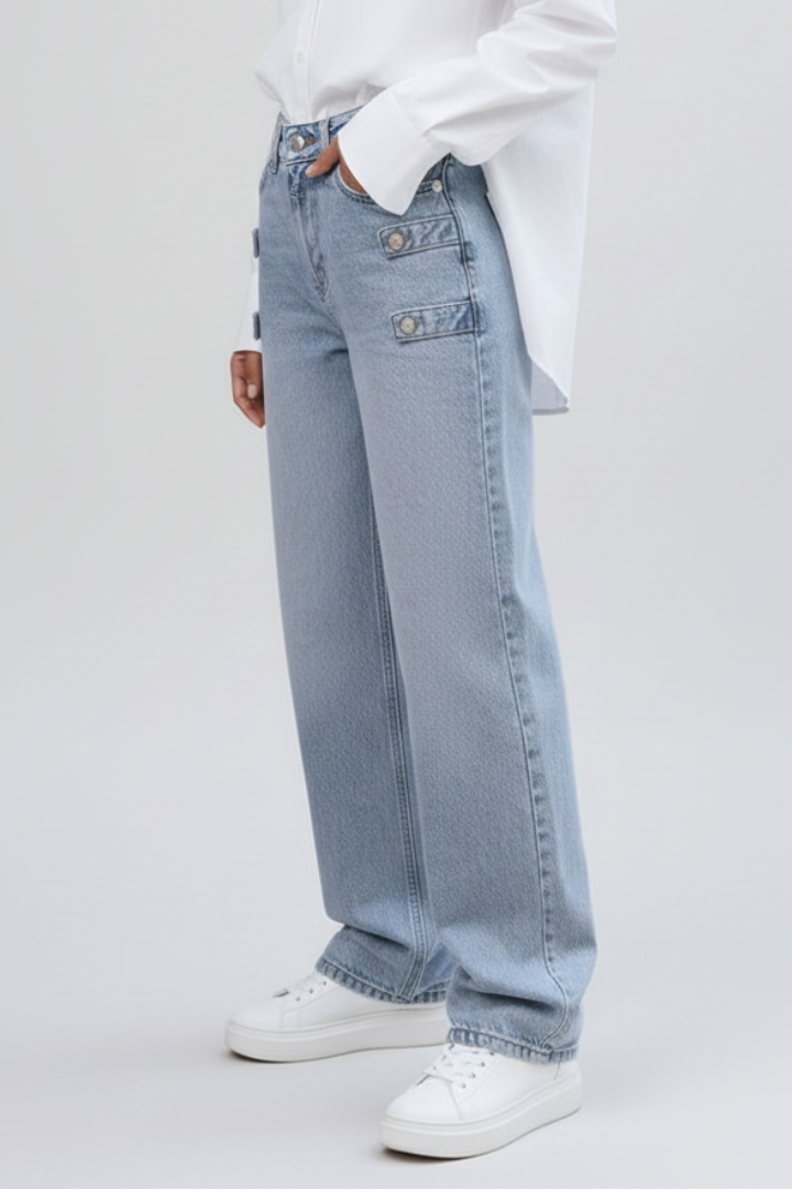 Women’s Straight-Leg Jeans with Button Fastening and Side Tabs