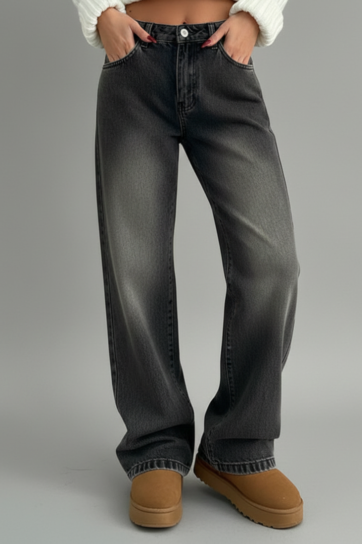 Women’s Straight Leg Jeans with Button Fly and Low Waist