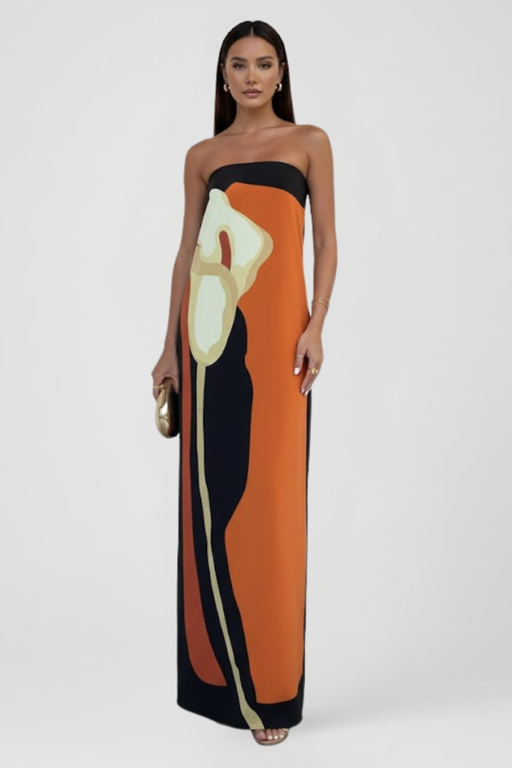 Women’s Strapless Maxi Dress with Printed Pattern