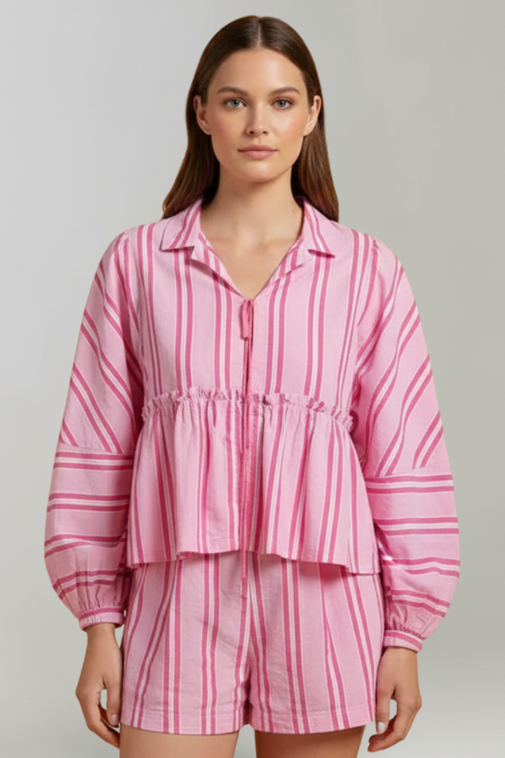 Women’s Striped Long-Sleeve Top and High-Waisted Shorts Set