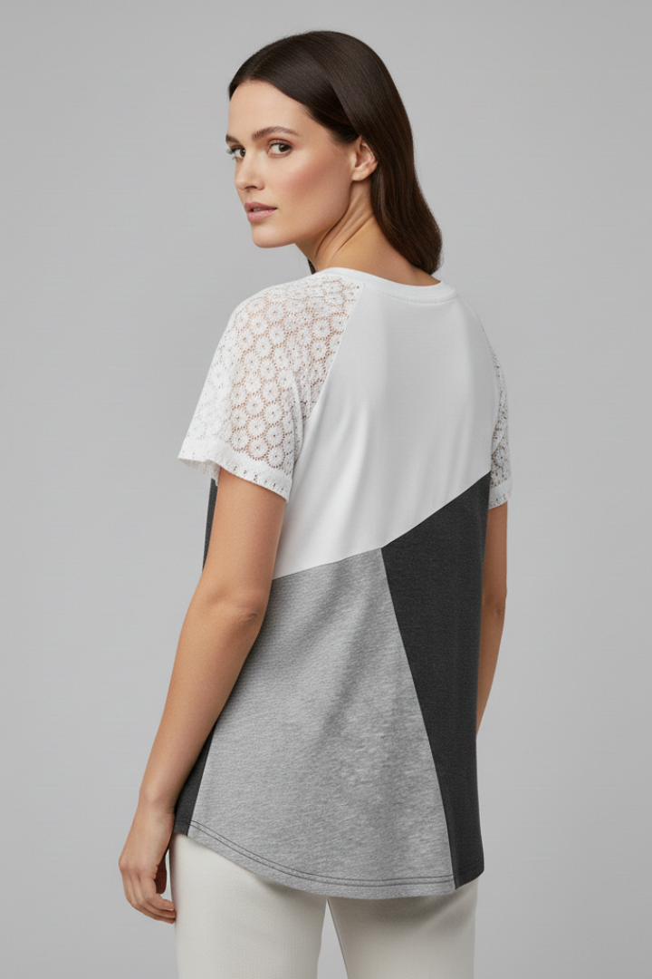 Women’s T-Shirt with Lace Sleeves and Colour Block Design
