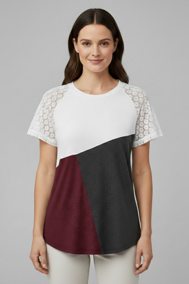 Women’s T-Shirt with Lace Sleeves and Colour Block Design