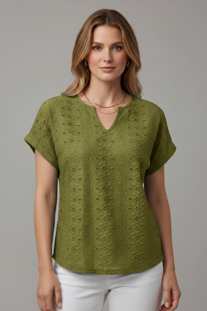 Women’s T-Shirt with Notched Neckline and Eyelet Surface