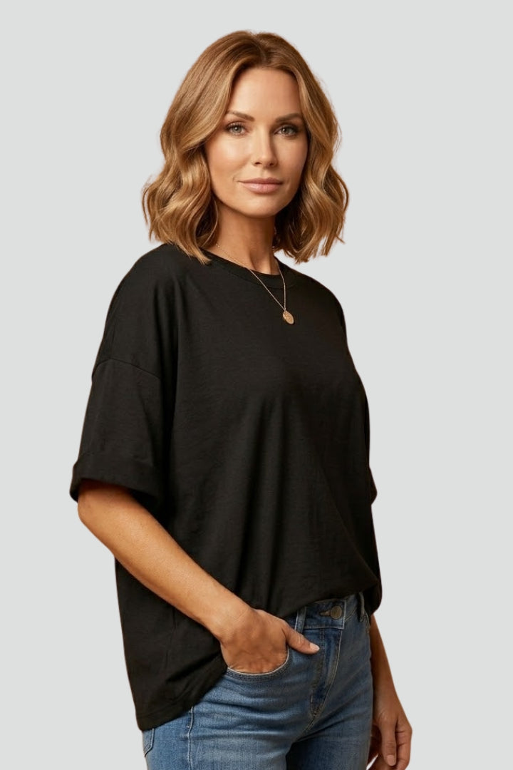 Women’s T-Shirt with Round Neckline and Cuffed Sleeves