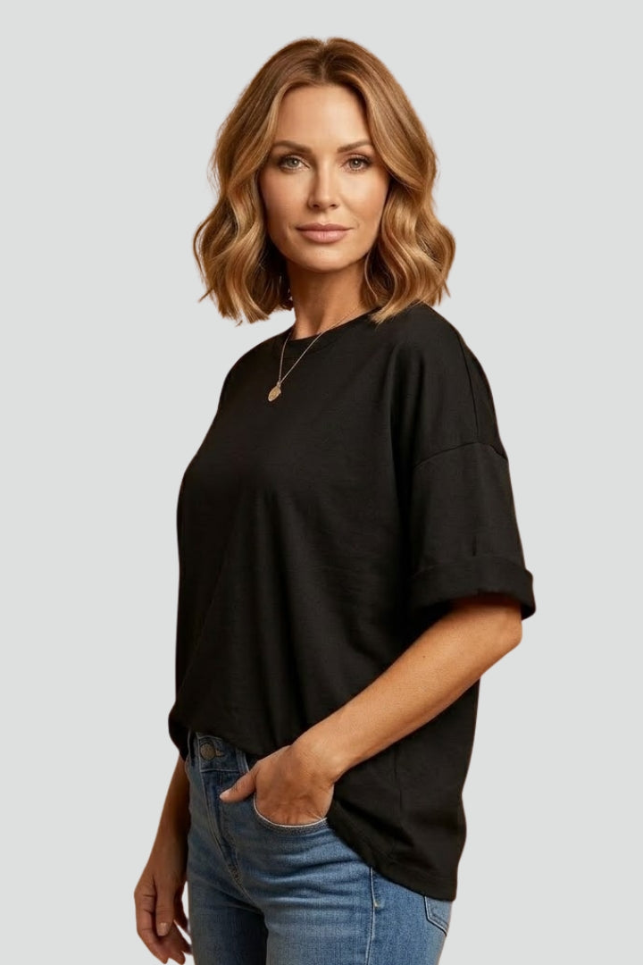 Women’s T-Shirt with Round Neckline and Cuffed Sleeves