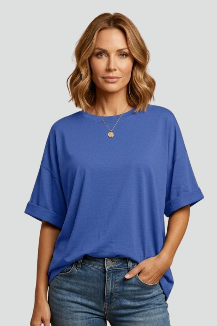 Women’s T-Shirt with Round Neckline and Cuffed Sleeves