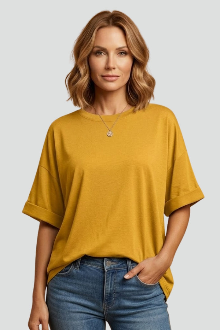 Women’s T-Shirt with Round Neckline and Cuffed Sleeves
