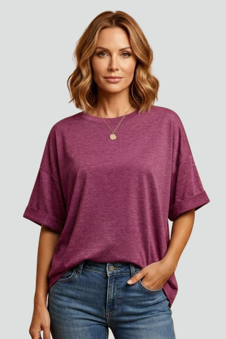 Women’s T-Shirt with Round Neckline and Cuffed Sleeves