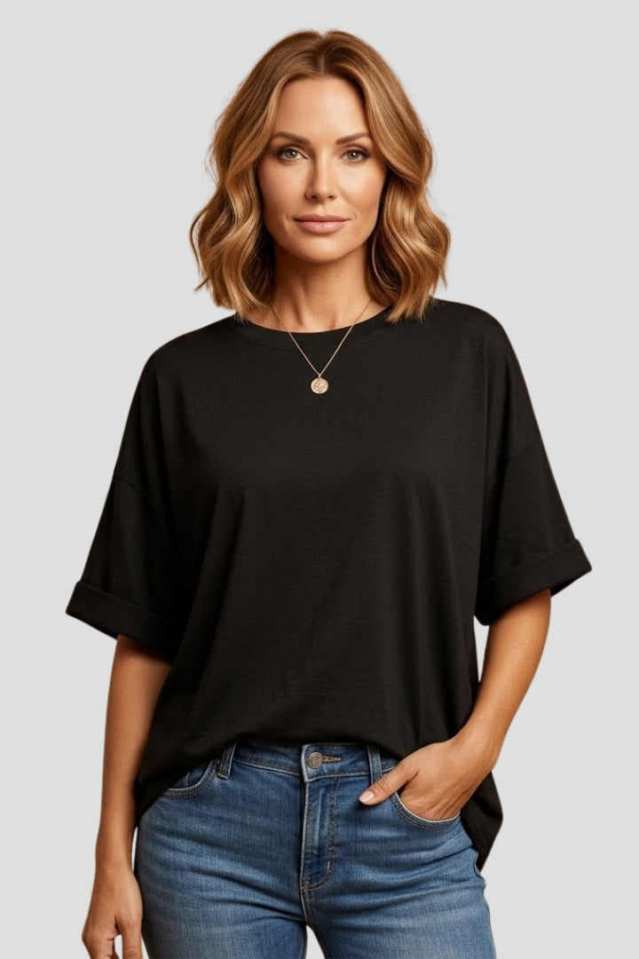 Women’s T-Shirt with Round Neckline and Cuffed Sleeves