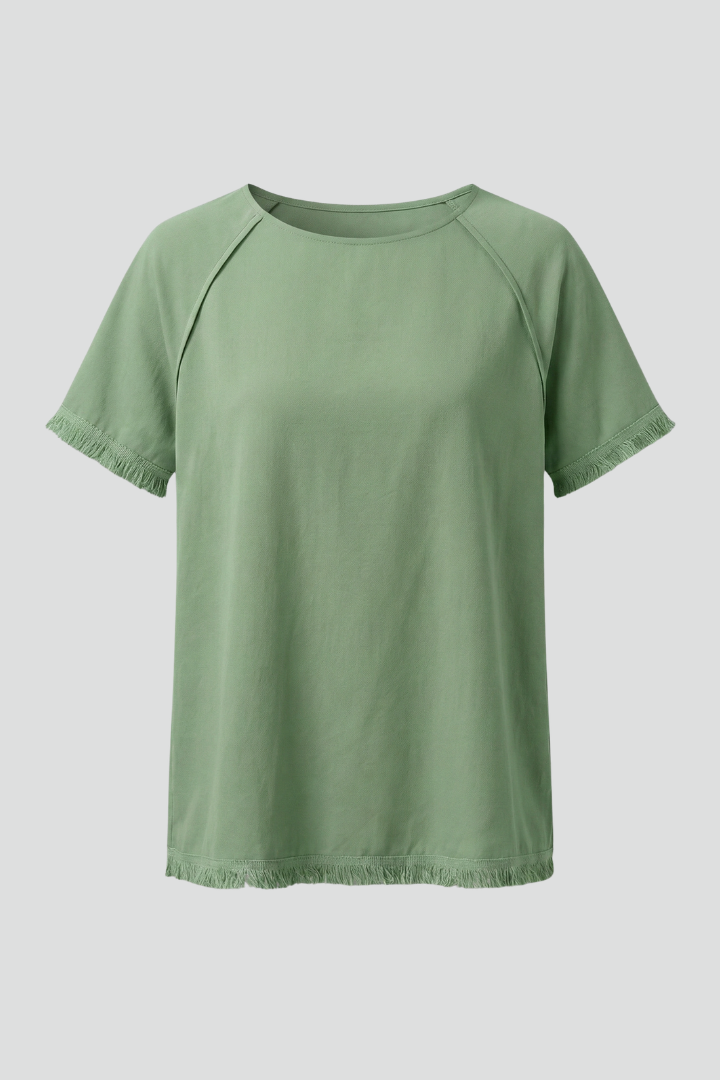 Women’s T-Shirt with Round Neckline and Fringed Sleeves