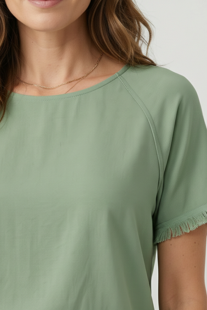 Women’s T-Shirt with Round Neckline and Fringed Sleeves