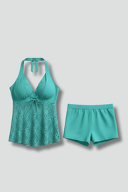 Women’s Tankini Set with V-Neck and Lace Overlay