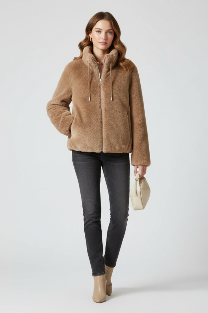 Women’s Teddy Coat with Zipper and Adjustable Hem