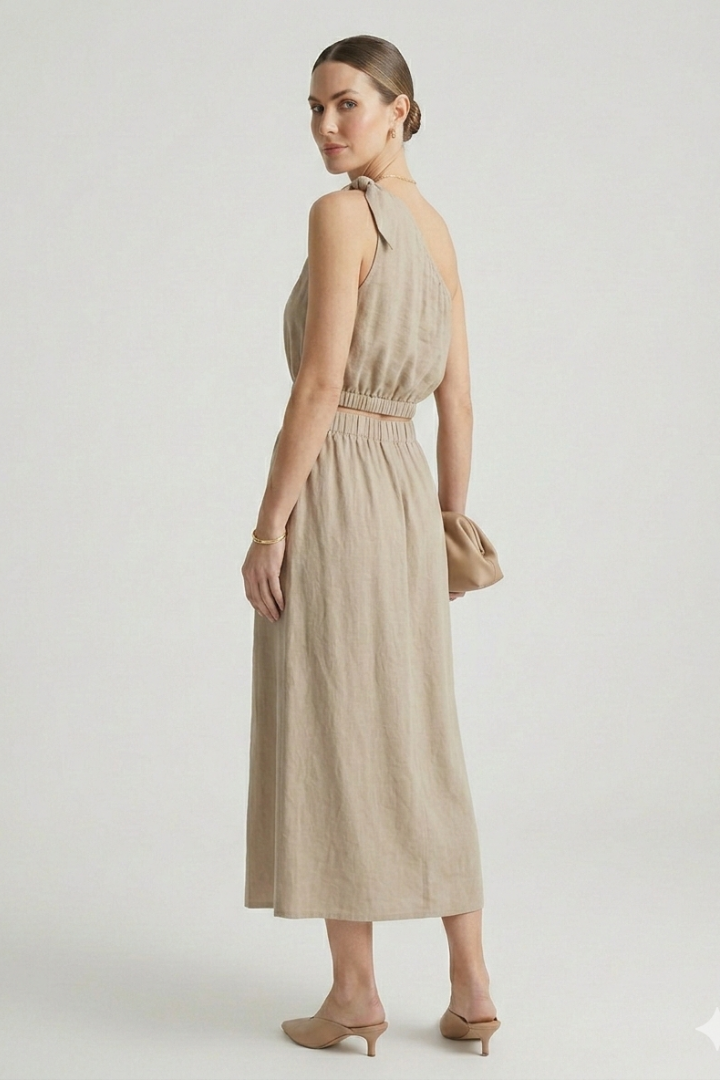 Women’s Top and Midi Skirt with One Shoulder and Elastic Waist